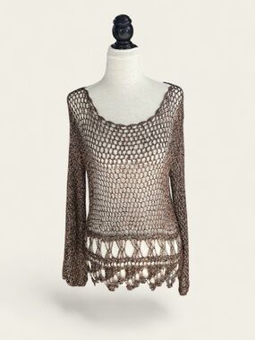 NWOT Handmade Mexican Metallic Boho Crochet Open Weave Top Bronze/Brown Size S/M
